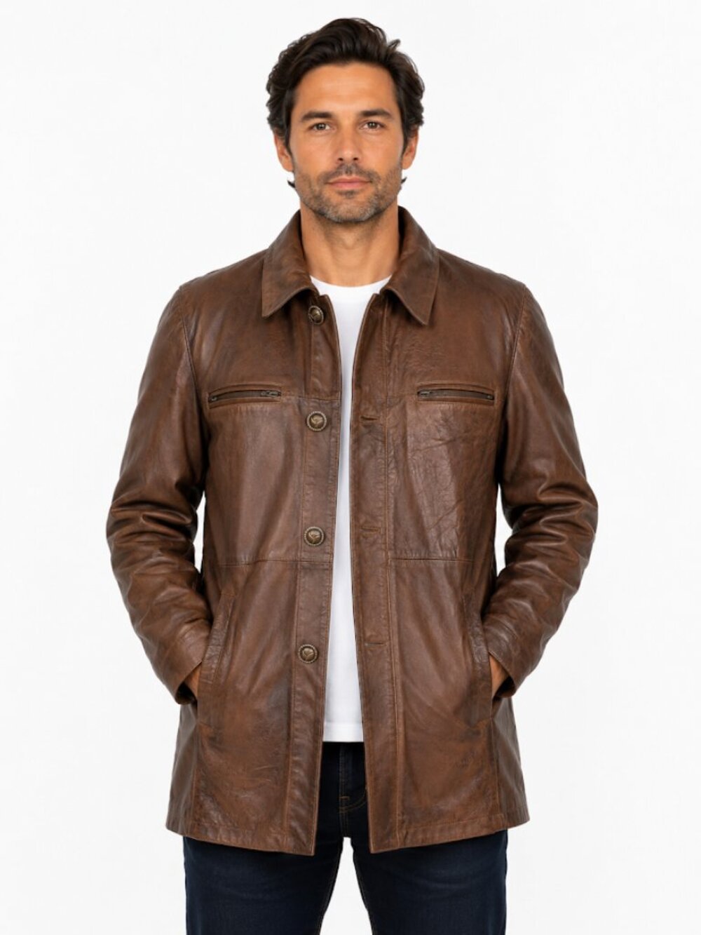 Vintage 70s Brown Leather Car Coat-Grandpacore Chore Jacket Sz L/44